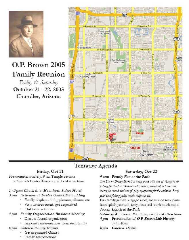 Brown Family 2005 Reunion map, agenda, letter.