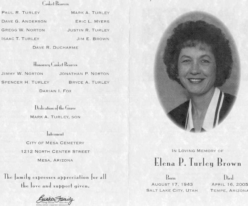 Elena Pratt Turley Brown 1943-2005 Funeral Program front