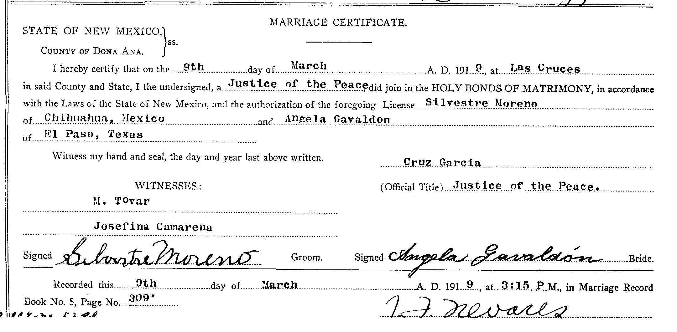 Orson Pratt Brown aka Silvestre Moreno and Angela Gavaldon marriage certificate 3-9-1919