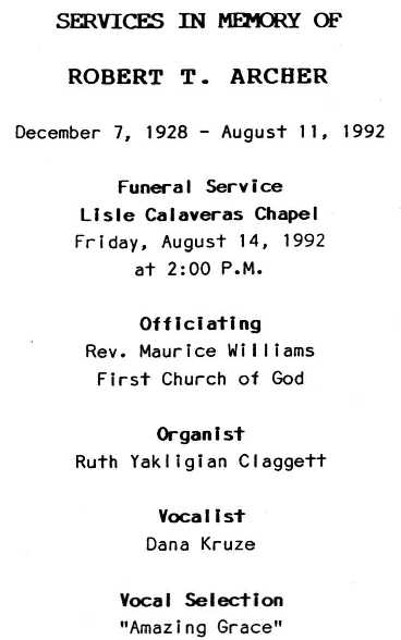 Funeral Program for Robert T. Archer 1992