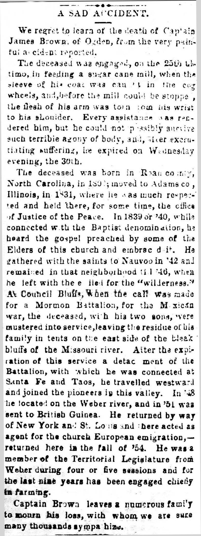 Obituary of Captain James Brown - Deseret News October 7, 1863