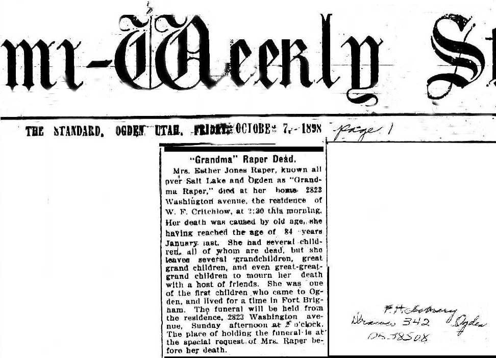 "Grandma" Raper Dead frin Ict 7m 1898 Semi- Weekly Standard of Ogden