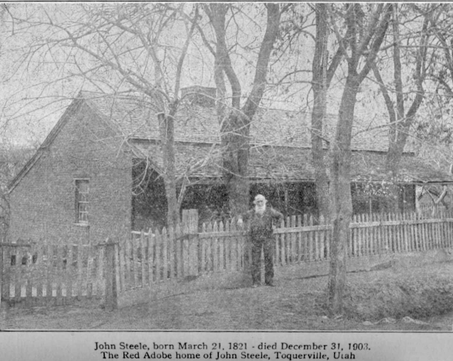 John Steele 1821-1903 in front of his Red Adobe home in Toquerville, Utah