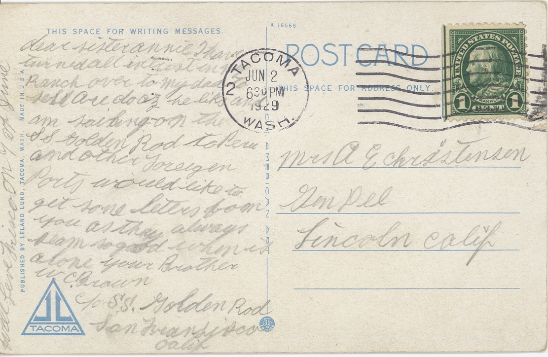 Postcard To Anna from her brother, Will C. Brown 1929