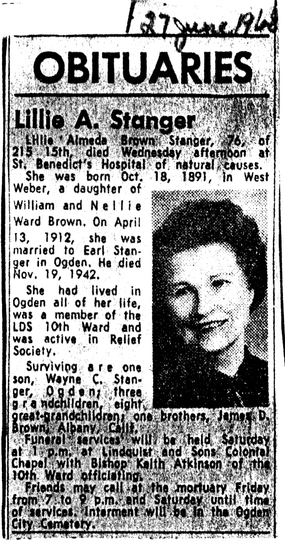 Lillie Almeda Brown Stanger 1891-1968 Obituary and photo