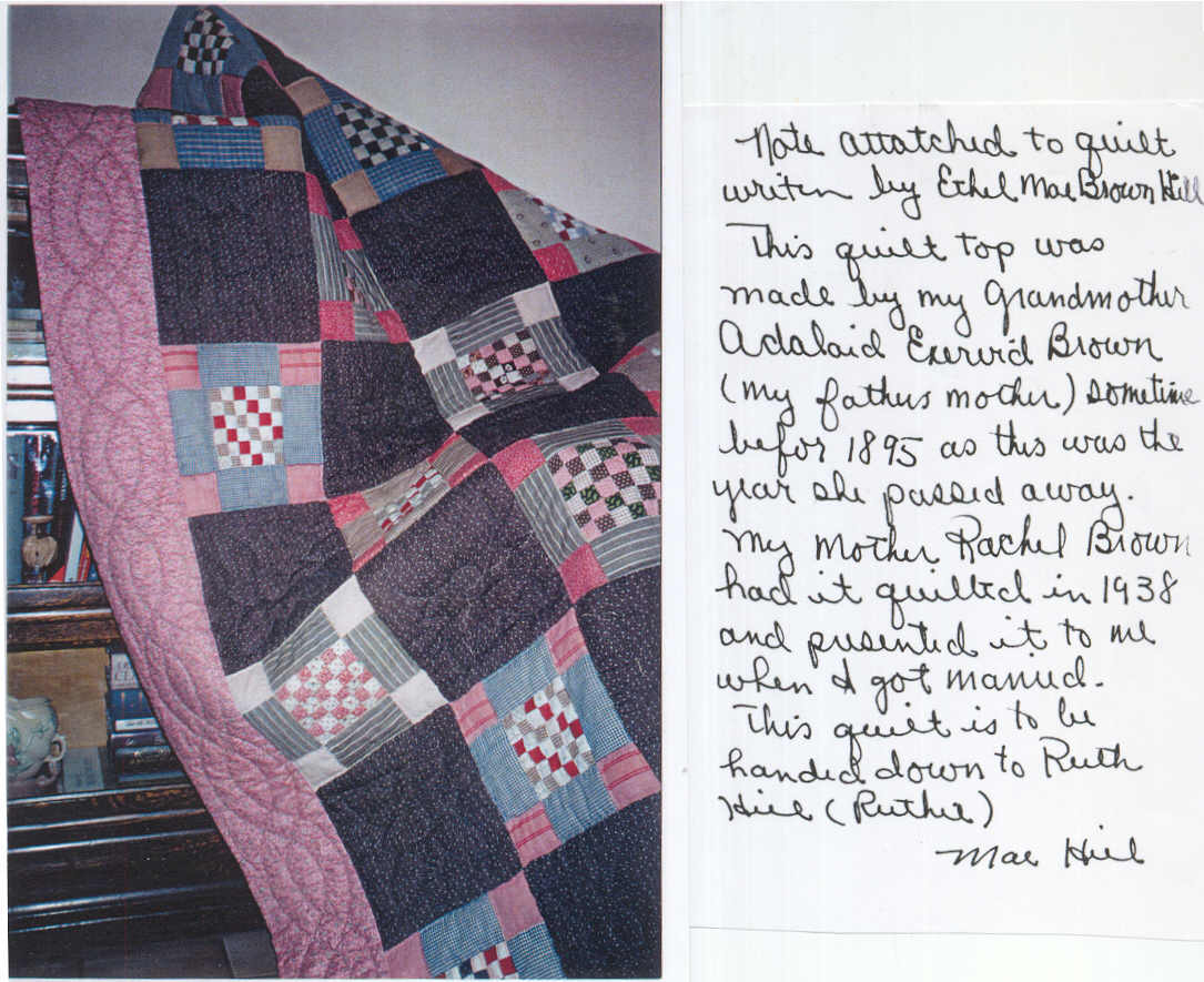 Adelaide Exervia Brown's quilt with note by Ethel Mae Brown Hill
