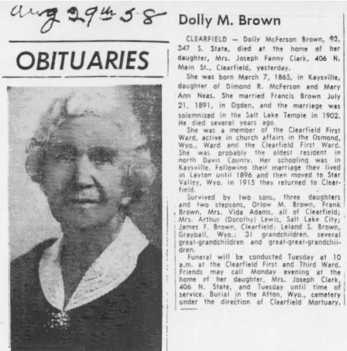 Dolly McFerson Brown 1958 Obituary