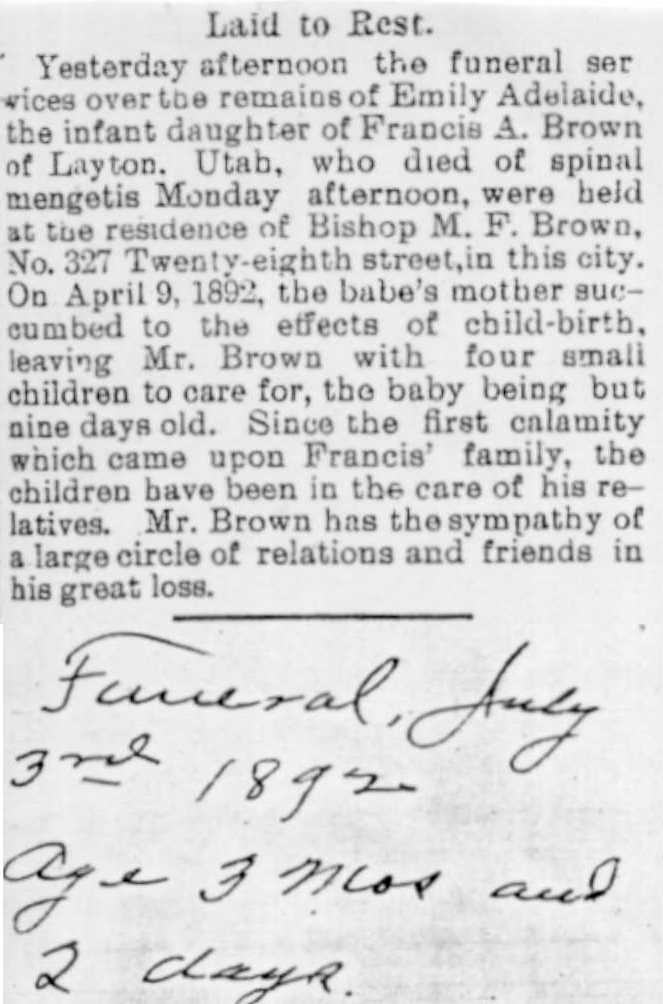 Emily Adelaide Brown -1892-1892 Obituary