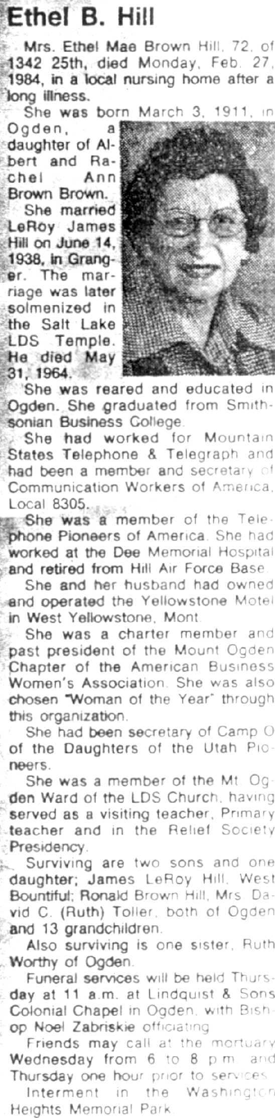 Ethel Mae Brown Hill 1964 Obituary