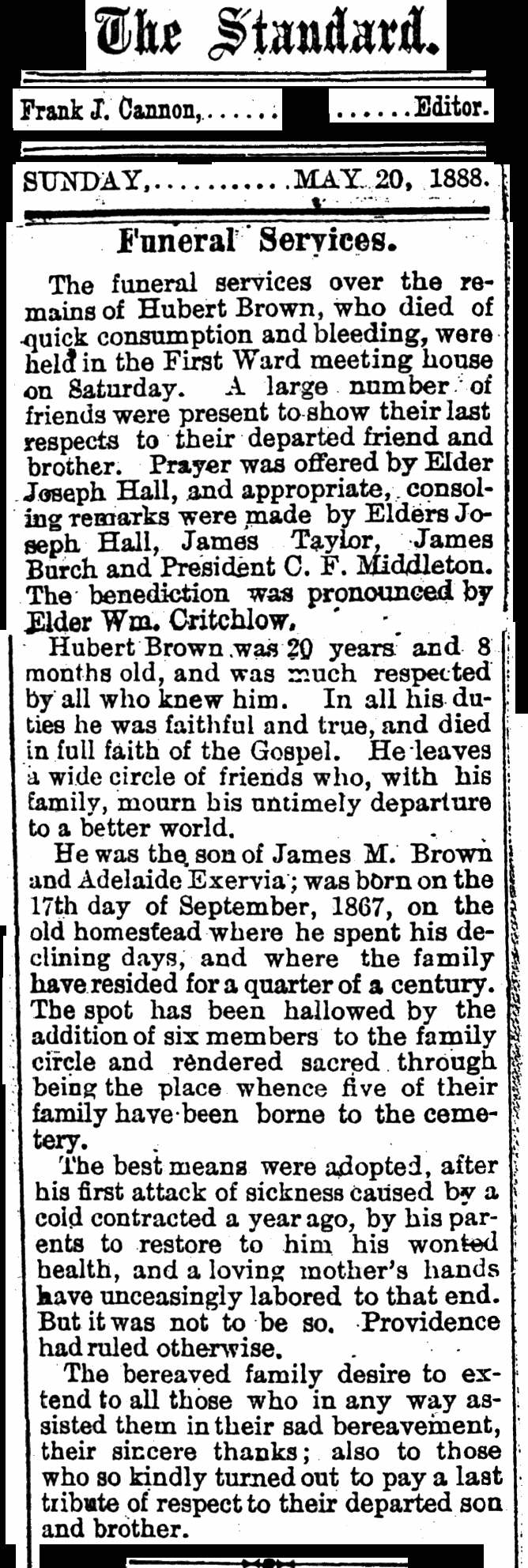 Hubert Brown 1867-1888 Obituary