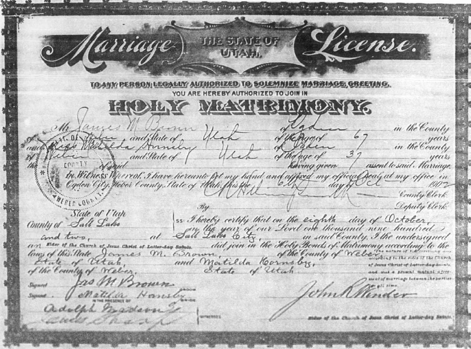 James Morehead Brown and second wife, Tillie Hornsby's wedding certificate