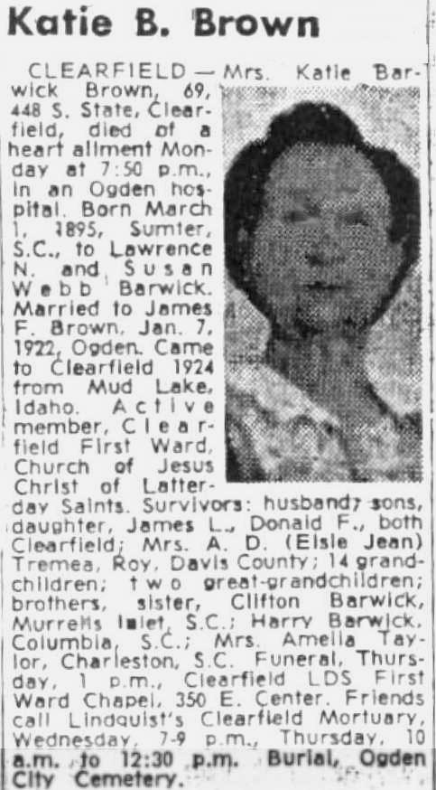 Katie Barwick Brown Obituary 1895-1964 