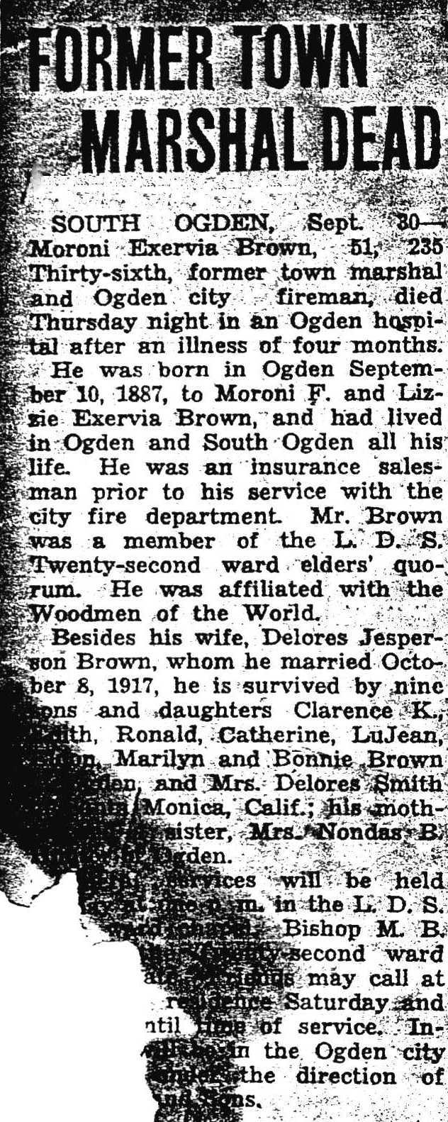 Moroni Exervia Brown 1887-1938 Obituary