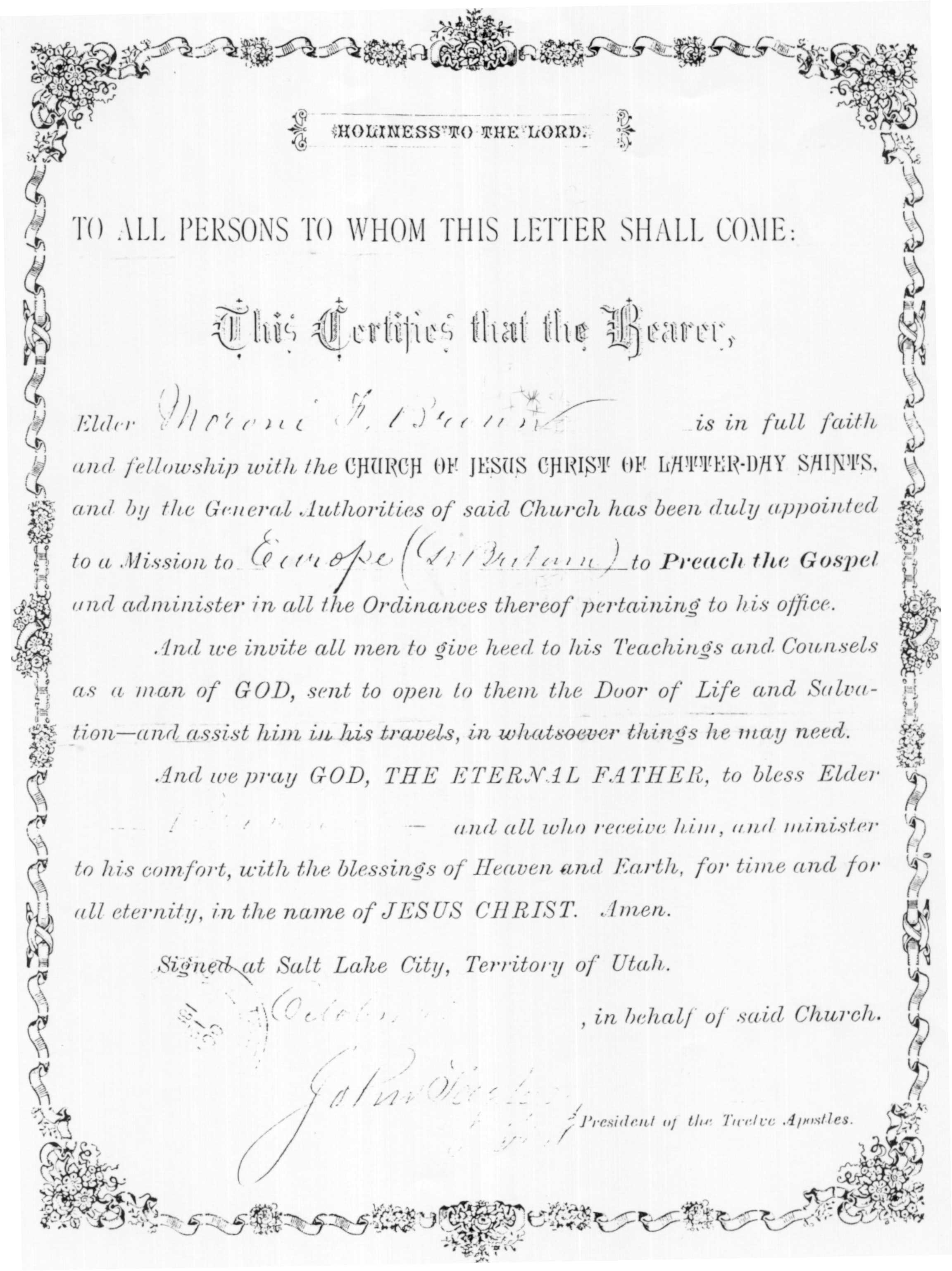 Moroni Franklin Brown 1880 Mission Certificate