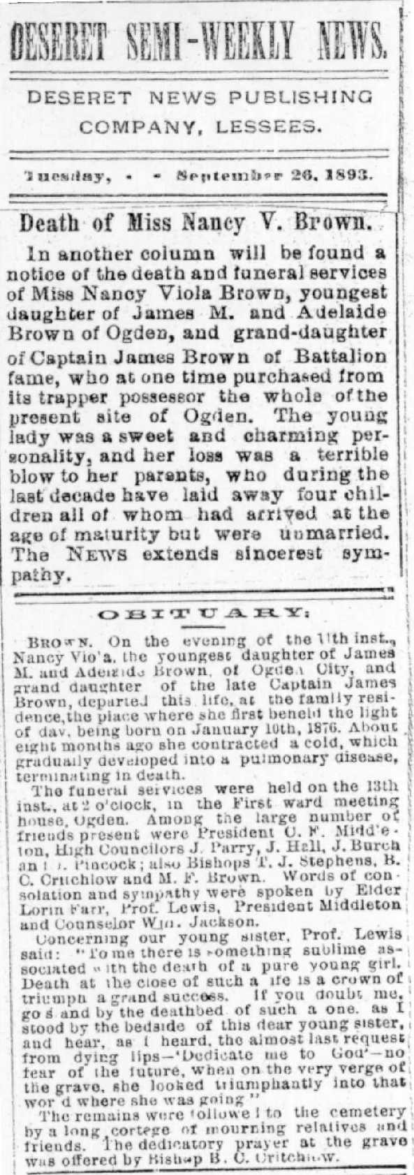 Nancy Viola Brown 1876-1893 Obituary
