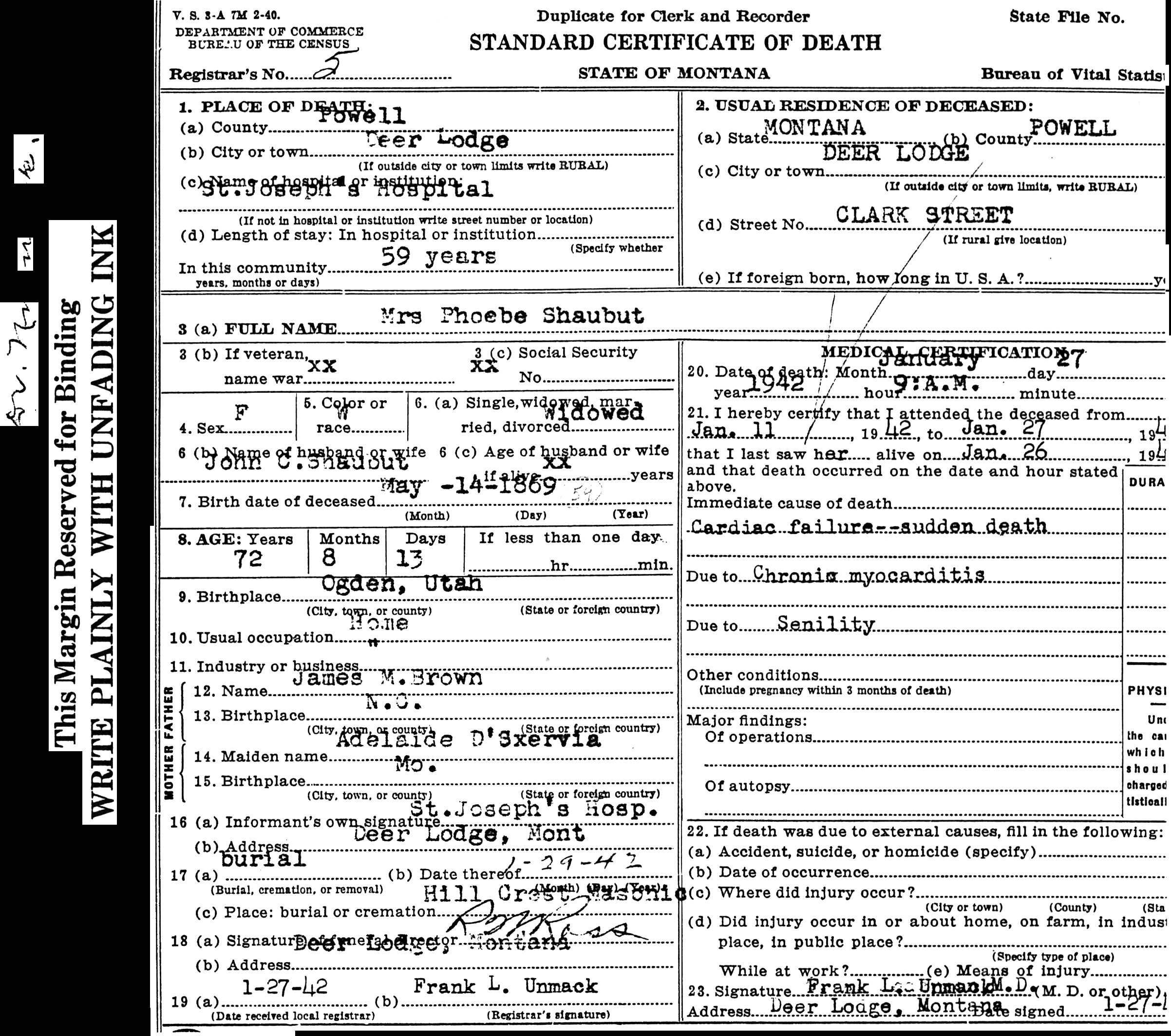 Phoebe Adelaide Brown Shaubut 1859-1942 Death Certificate