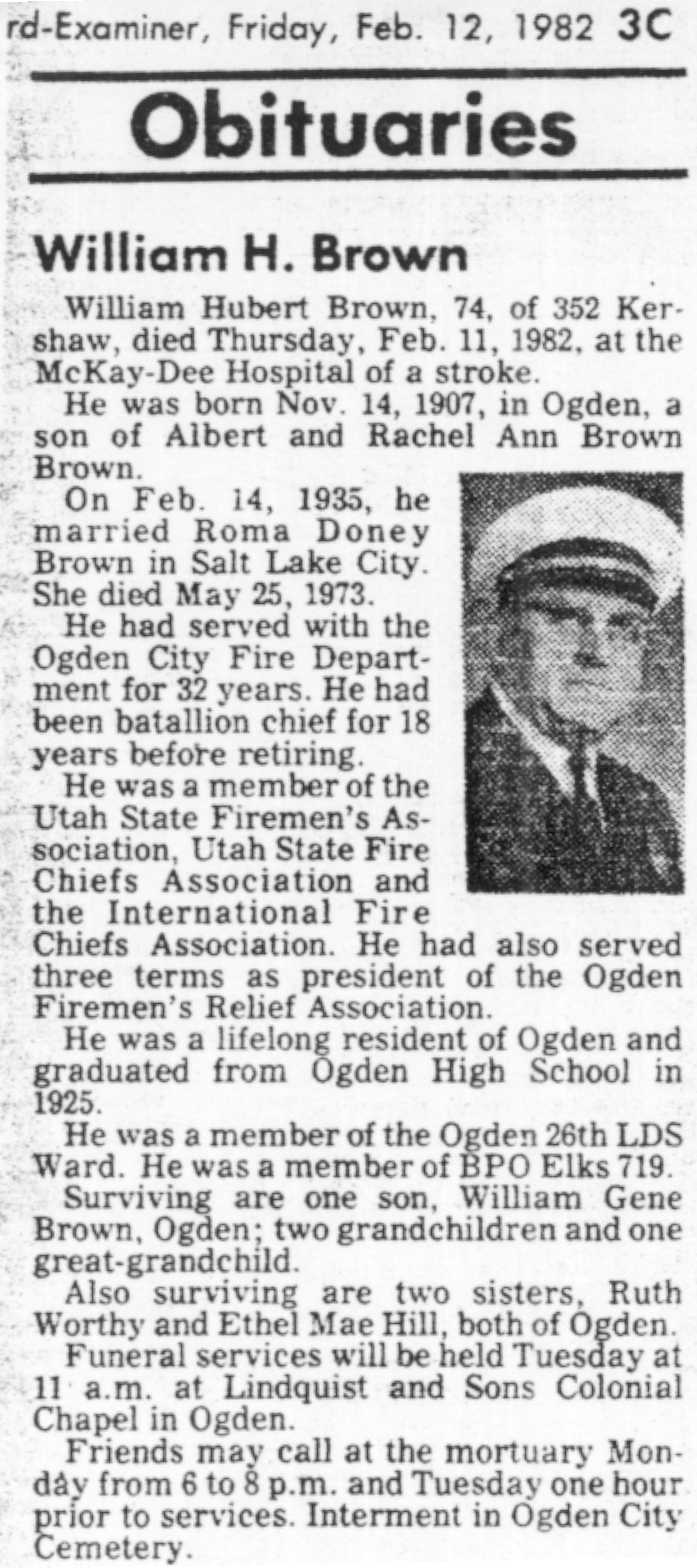 William Hubert Brown 1982 Obituary
