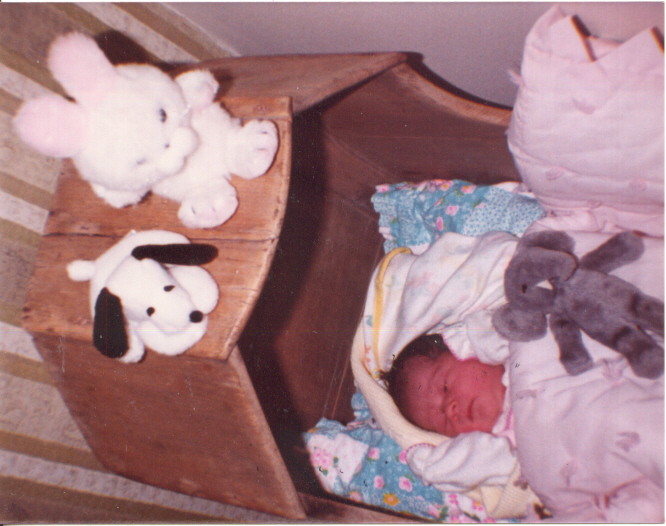 Erin Murphy sleeping in the Brown Family cradle on March 18, 1982