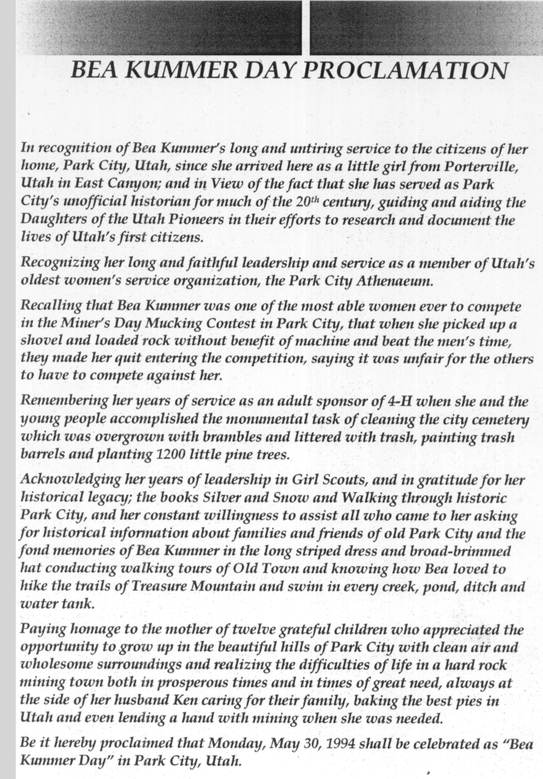 Bea Kummer Day May 30 Proclamation