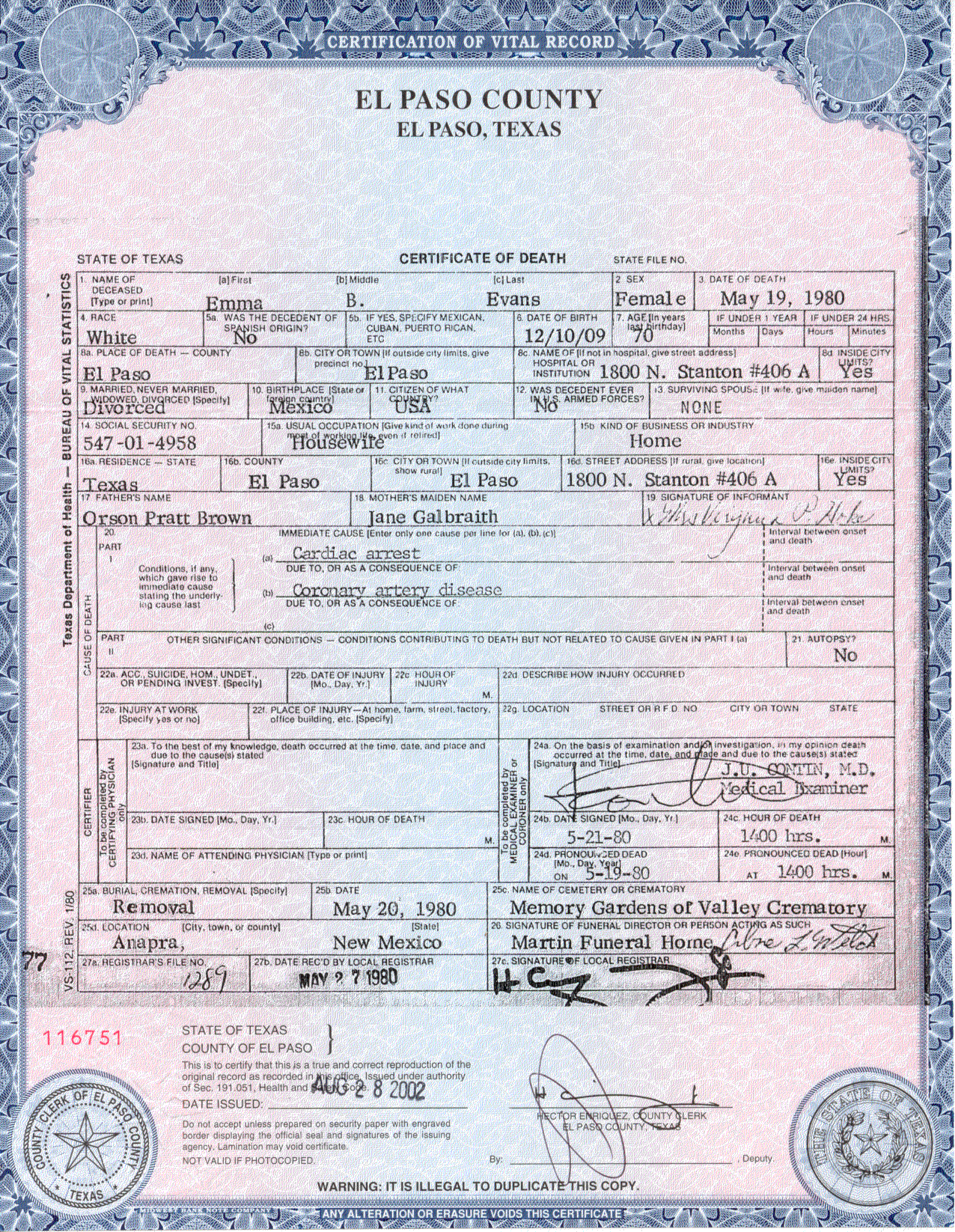 Emma Jean Galbraith Brown Hamilton Evans Death Certificate 1909-1980