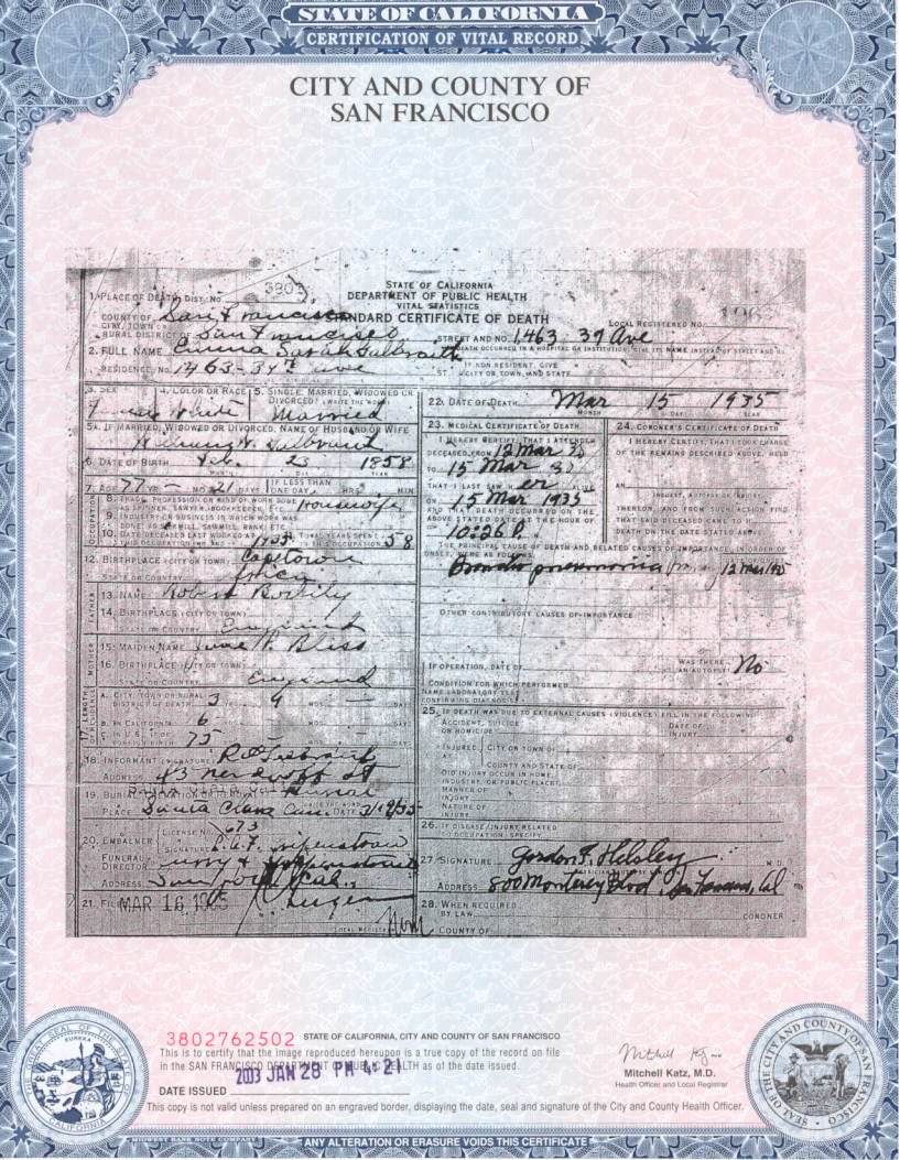 Emma Sarah Galbraith's Death Certificate - died March 16, 1935