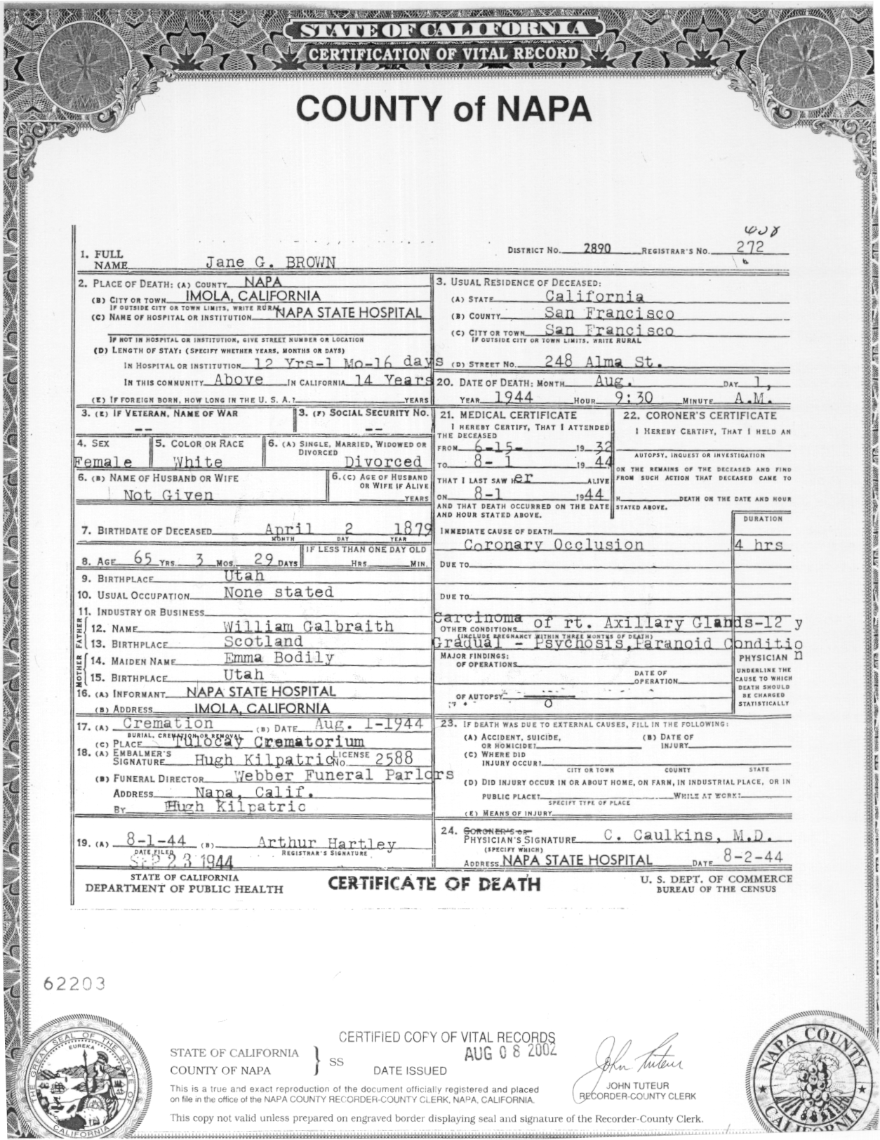 Jane Bodily Galbraith Brown's Death Certificate 1879-1944