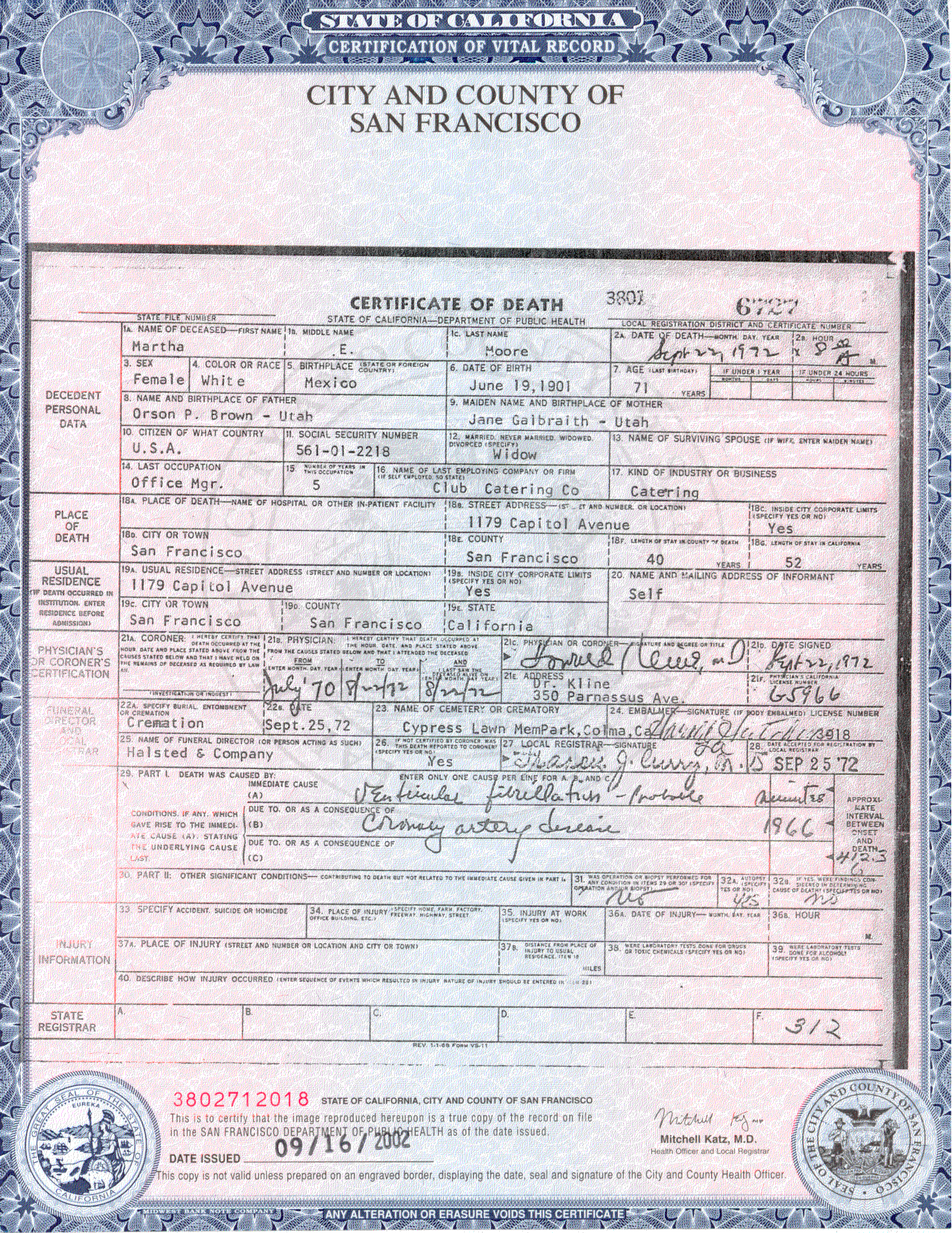 Martha Elizabeth Galbraith Brown Leach Moore Death Certificate 1901-1972
