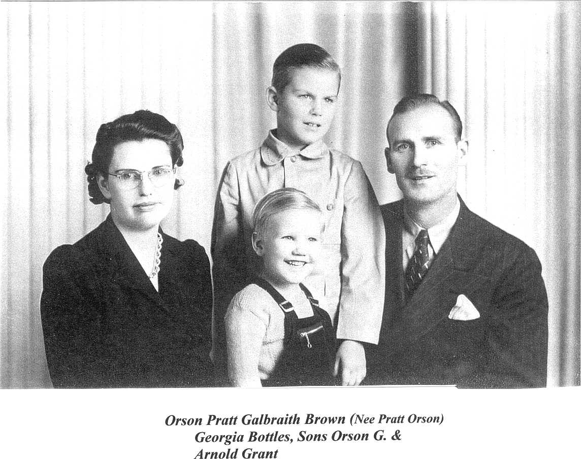 Georgia Kathleen Bottles Brown with sons Orson Galbraith Brown, Arnold Grant Brown and husband Orson Pratt Brown c. 1943
