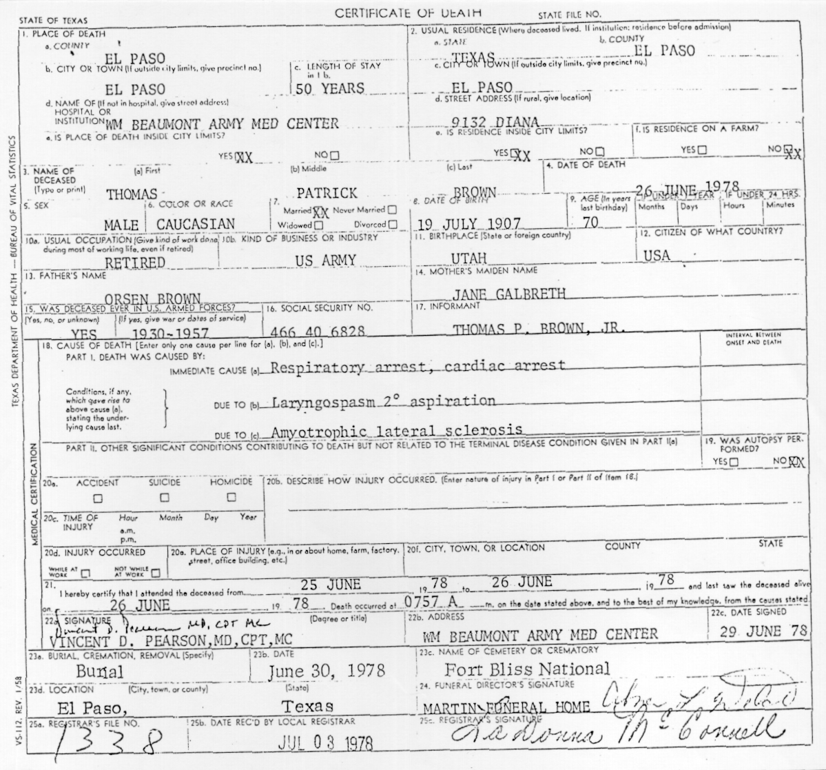 June 26, 1978 Death Certificate for Thomas P. Brown