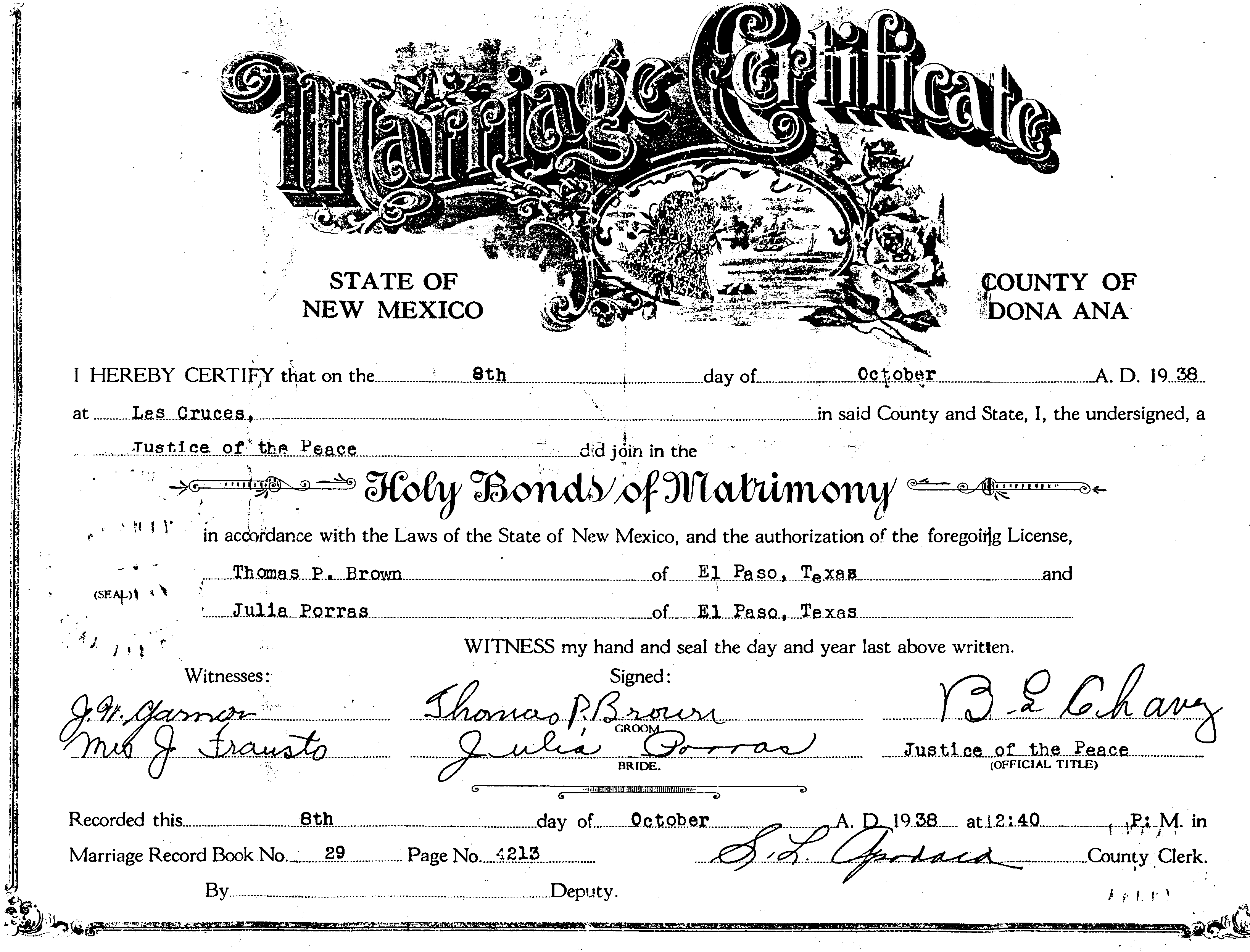 October 8, 1938 wedding certificate for Juliana Porras de Cardenas and Thomas Pl Brown in El Paso, Texas
