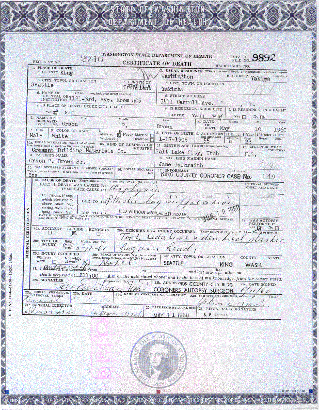 Pratt Orson Brown (nee Orson Pratt Brown) death certificate 1960 Yakima, WA