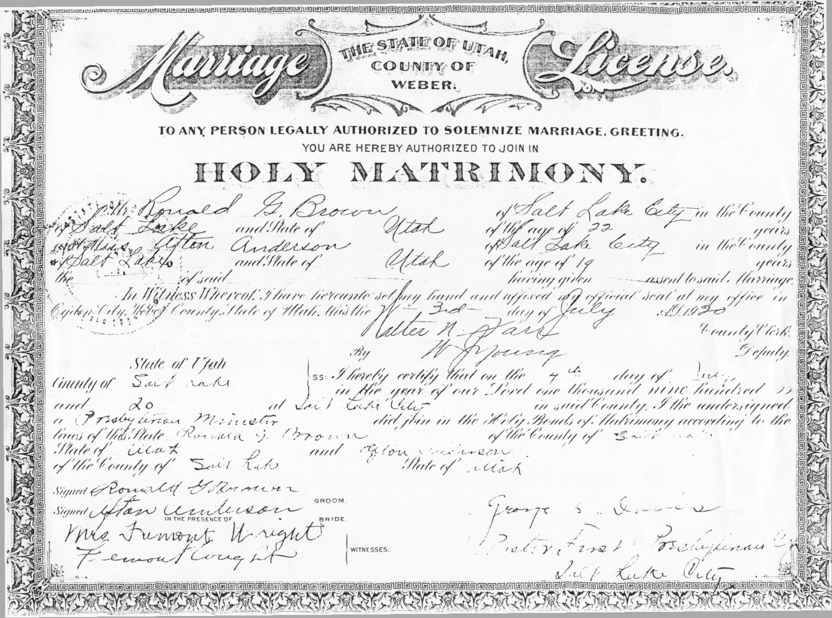 Ronald Galbraith Brown and Afton Anderson Wedding Certificate July 4, 1920