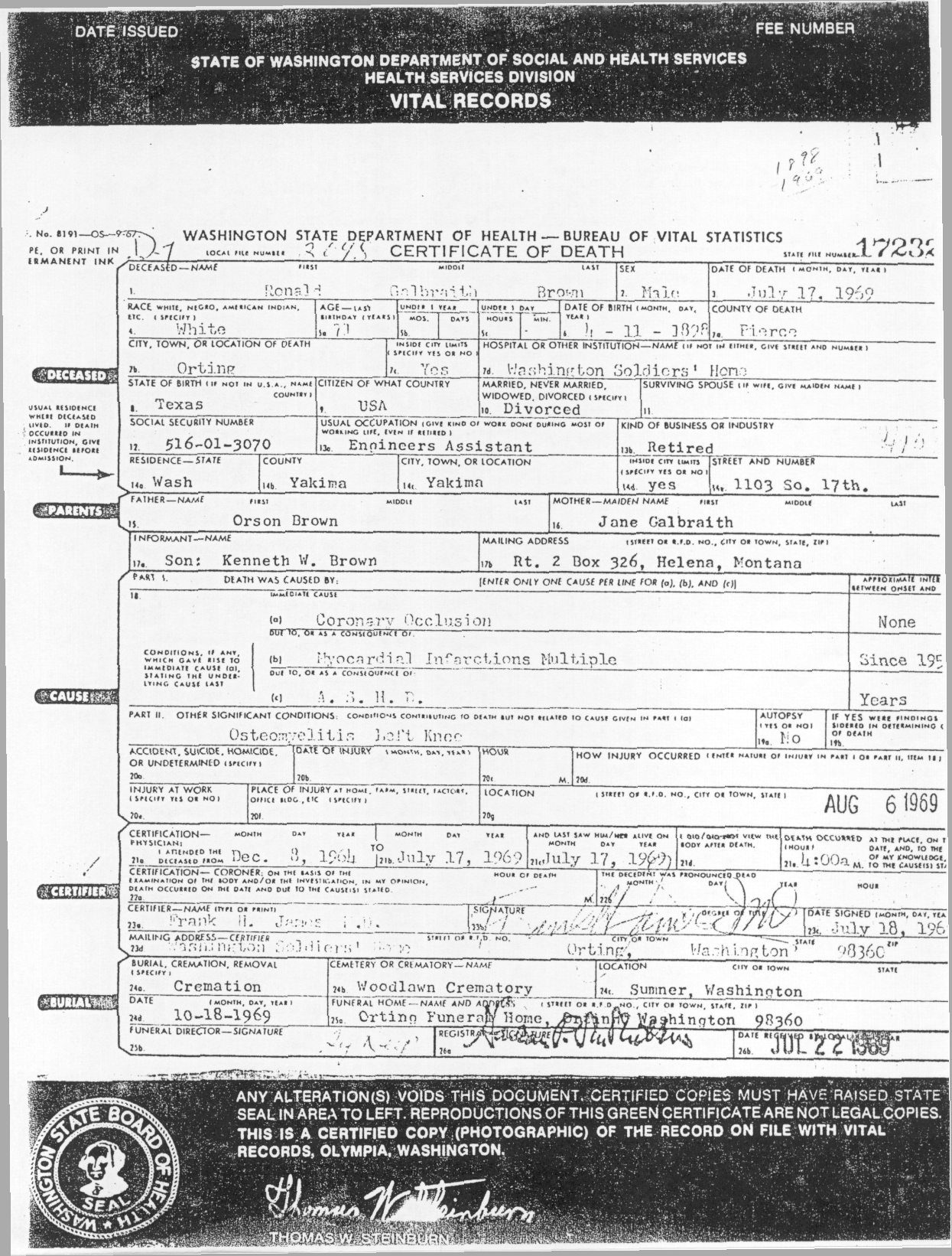Ronald Galbraith Brown Death Certificate 1898-1969