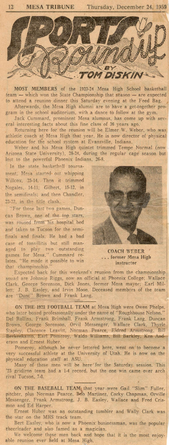 Mesa Tribune - Sports Roundup by Tom Diskin Thursday, Dec 24, 1959 - tribute to Duncan Brown