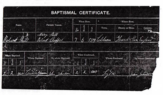Robert Chapple Shill baptism certificate