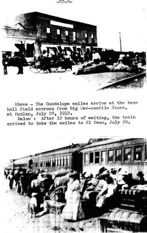 Page 22B Guadalupe exiles arrive in 1912 in Colonia  Dublan: Exiles continue to El Paso on train