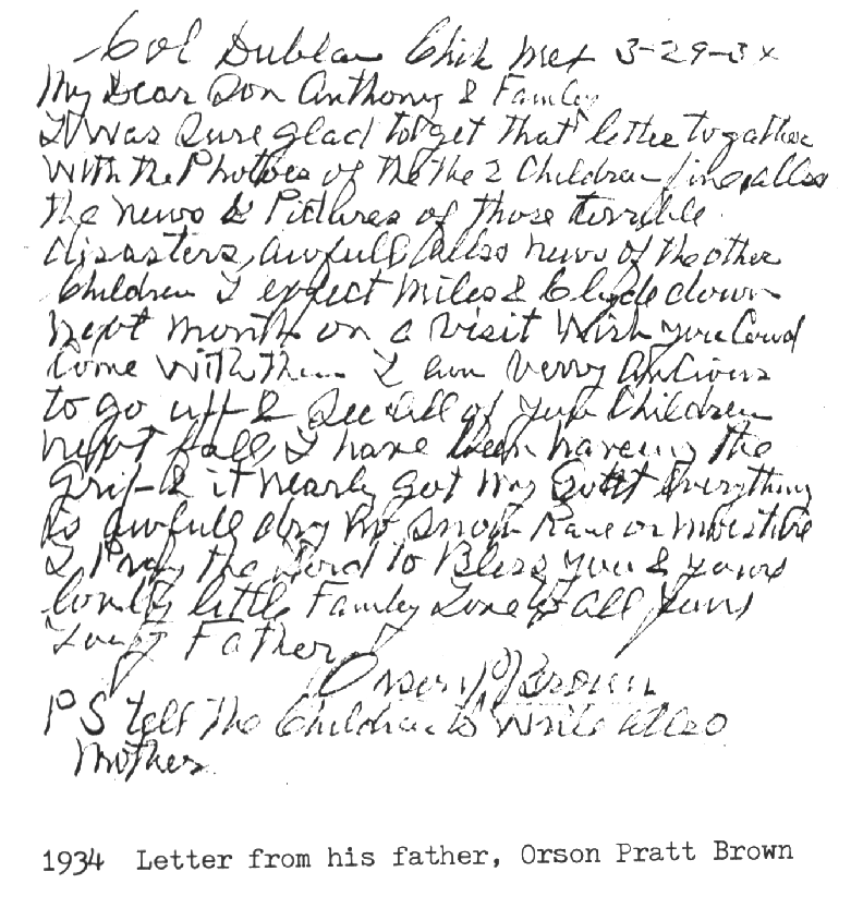 Orson Pratt Brown March 29 1934 letter to Anthony Morelos Brown