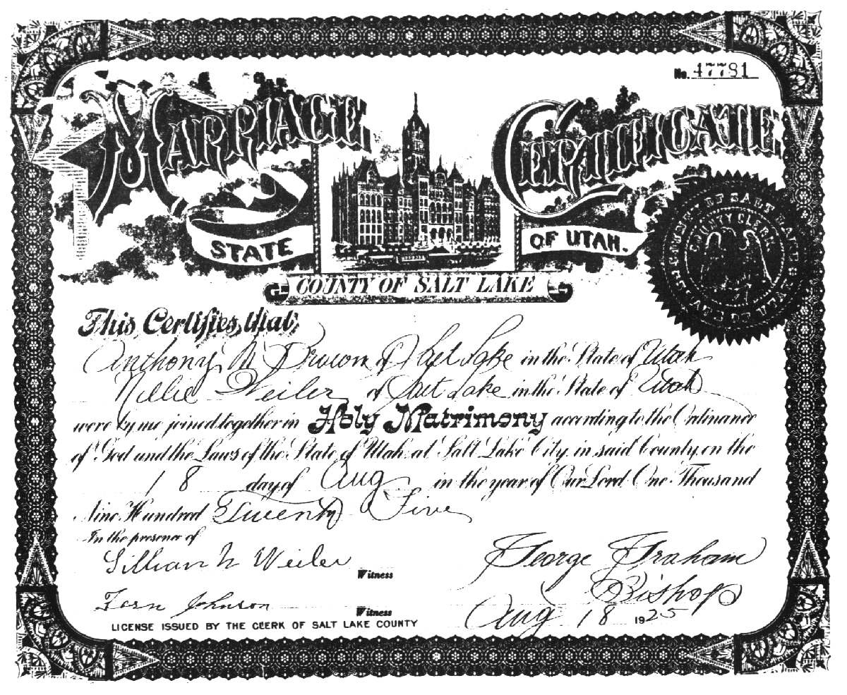 Anthony Morelos Brown and Nelle Weiler Marriage Certificate Aug 18 1925