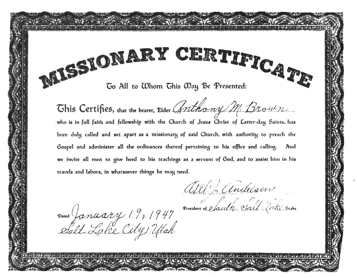 Anthony Morelos Brown Mission Certificate January 19 1947