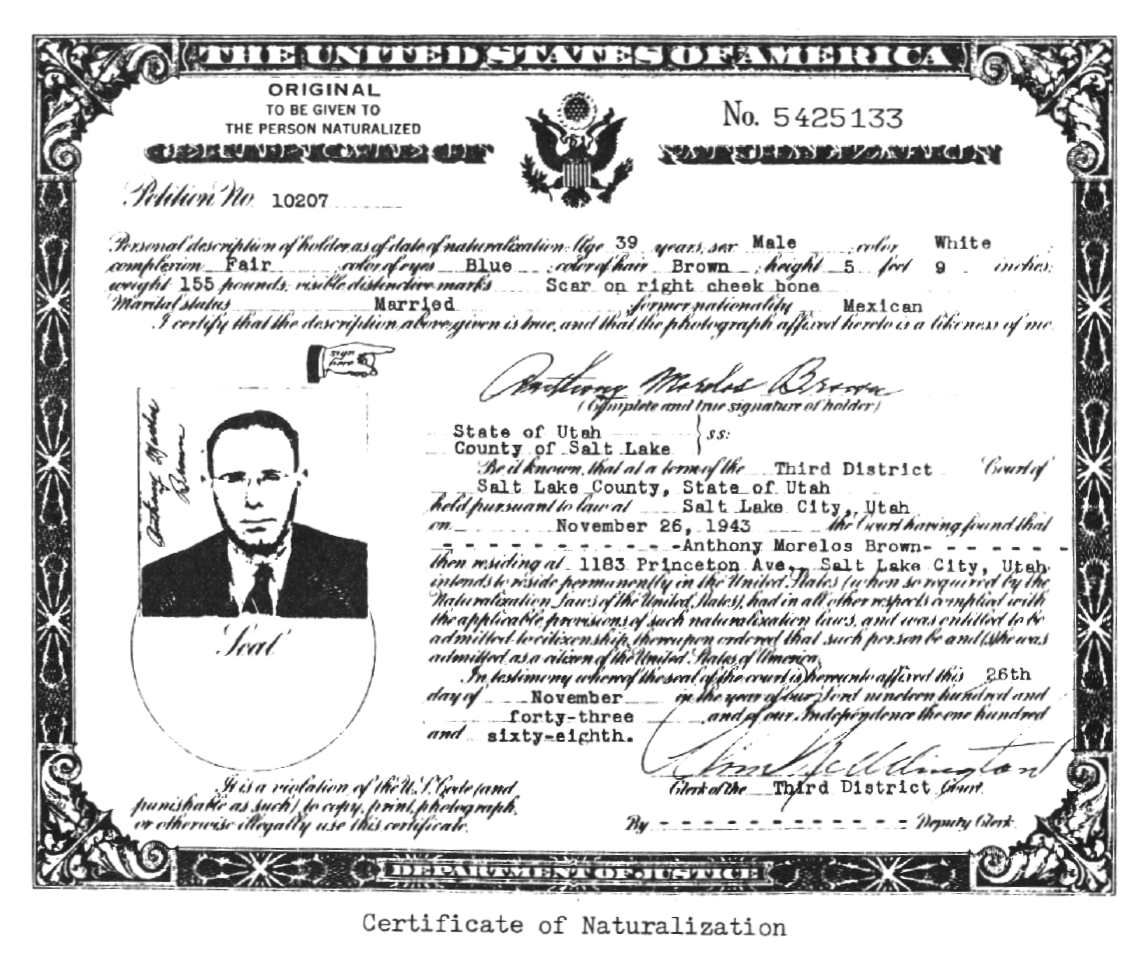 Anthony Morelos Brown Certificate of Naturalization Nov 26 1943