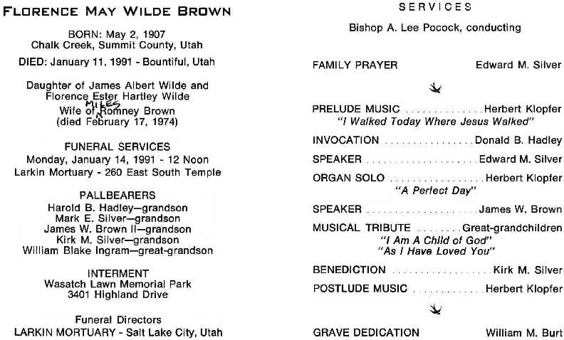Florence May Wilde Brown 1907-1991 Funeral Program