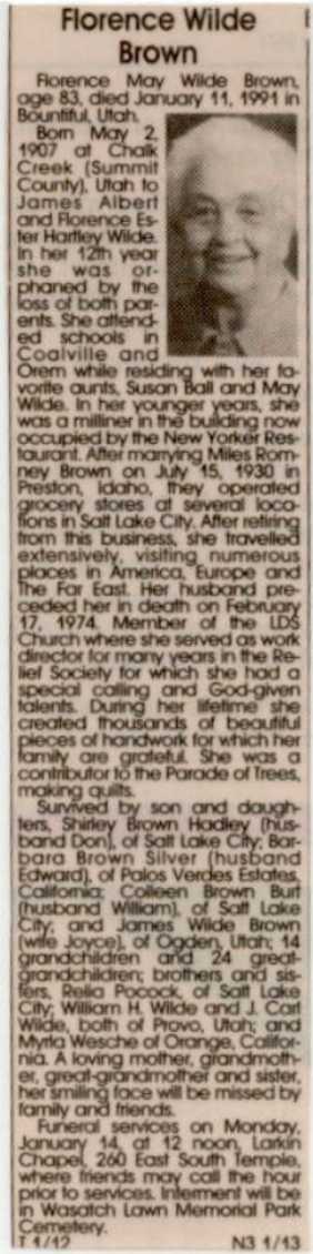 Florence Wilde Brown 1991 Obituary