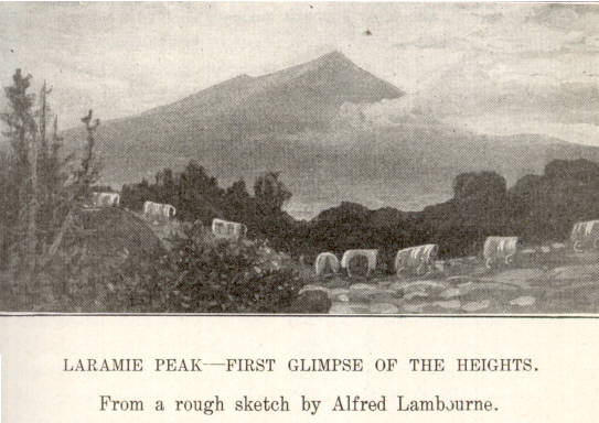 Laramie Peak - First Glimpse of the Heights - From a rough sketch by Alfred Lambourne