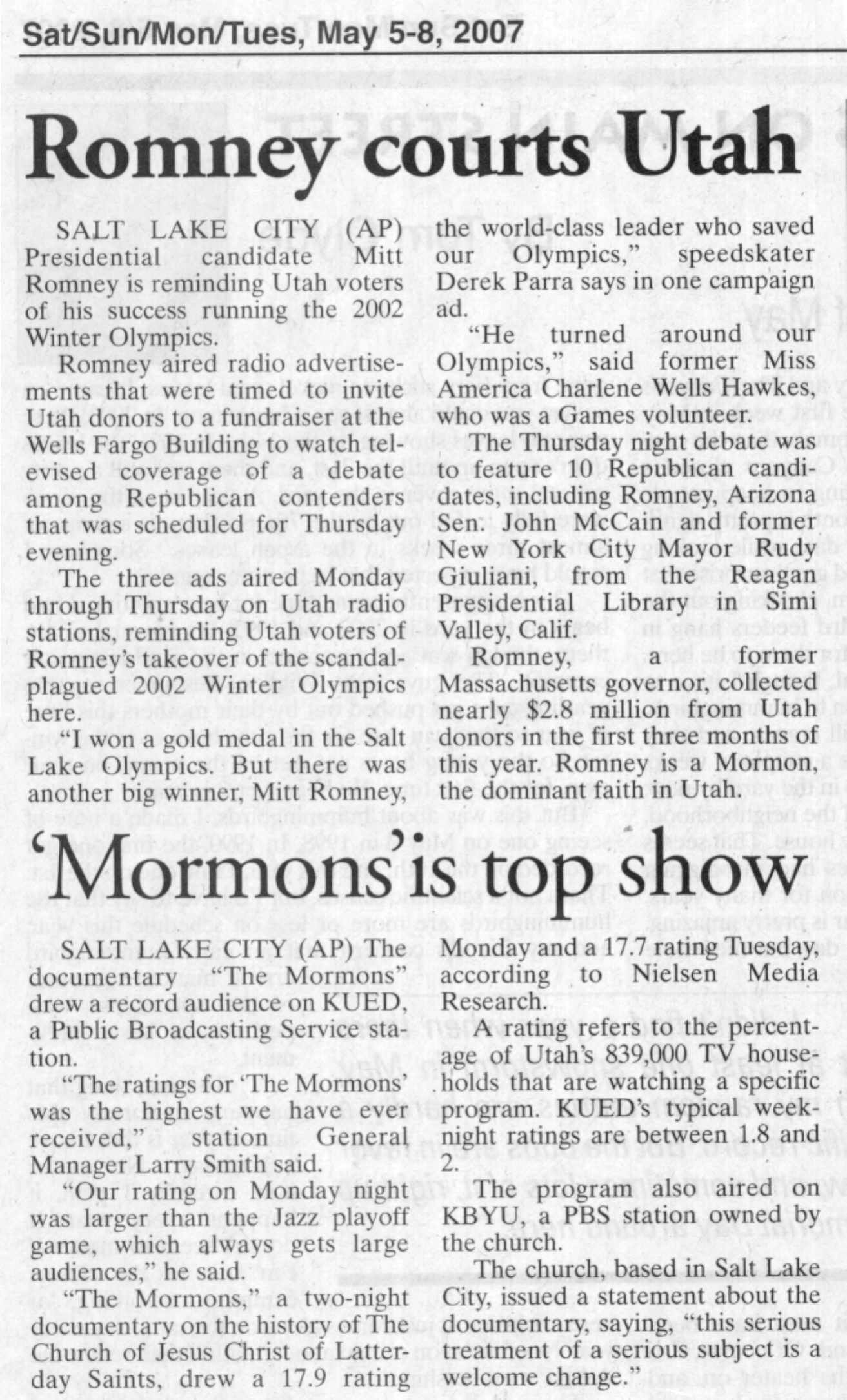 Park Record May 5, 2007 Mitt Romney and The Mormons, 