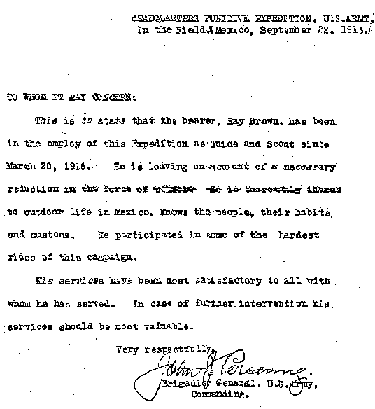 Brig. General John Pershing letter September 22, 1915