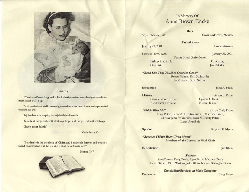 Anna Brown Petrie Encke Funeral Program 1905-2001