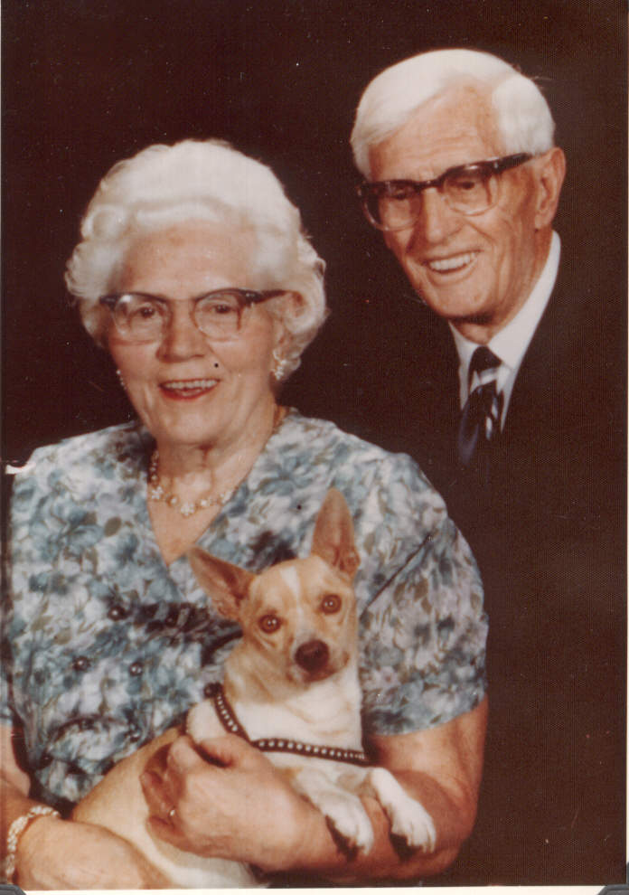 Linnie Adell Seguine Draper, with husband, Erastus Almon Draper, and dog, c 1965